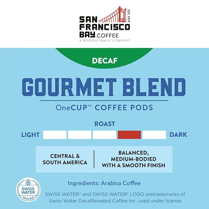 San Francisco Bay Coffee - Decaf Medium-Dark Roast - Decaf Gourmet Blend (80 ct) - Single Serve Coffee Pods Swiss Water Processed Commercially Compostable K Cup Compatible