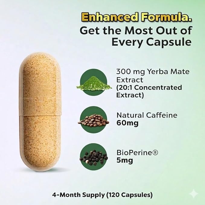 Extra Strength Yerba Mate High Potency 60mg Caffeine Per Capsule Extract Pills Supplements for Clean Natural Energy Improved Focus Concentration Nootropics Made in USA - 120 Caps