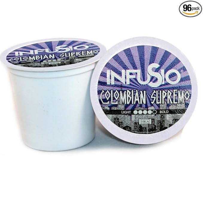 InfuSio Coffee Pods 96 Count Colombian Supremo Medium Dark Roast Single serve Coffee pods for Keurig K Cup® Brewers - InfuSio Premium Roasted Keurig 2.0 Compatible