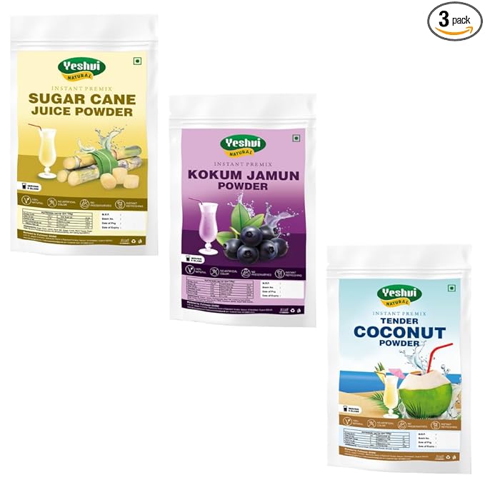 Yeshvi NATURAL Sugarcane Juice Powder &amp Kokum Jamun Fruit Juice Powder With Tender Coconut Water Powder Combo Pack Instant Drink Powder Ready to Serve 300gm