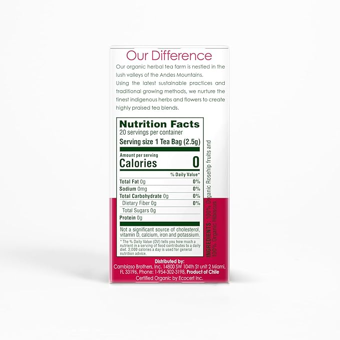 Garden of the Andes - Organic Rosehip &amp Hibiscus Tea - 6 Pack (20 Tea Bags/Box 120 Total) - Caffeine-Free Double-Chamber Glue-Free Tea Bags - Natural Vitamin C and Antioxidants
