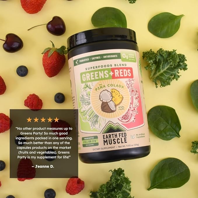 Earth Fed Muscle Superfoods Blend Reds &amp Greens Powder Piña Colada Flavor Juice &amp Smoothie Mix with Organic Kale Spirulina Wheat Grass - Detox &amp Cleanse No Added Sugar - Non-GMO - 30