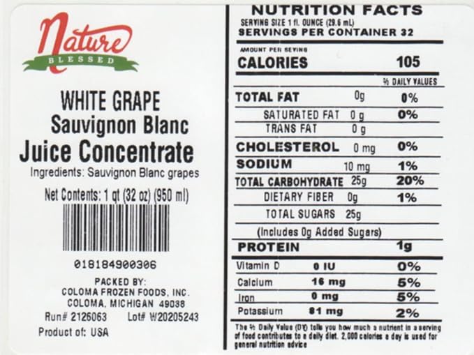 Nature Blessed 100% Pure Sauvignon Blanc White Grape Fruit Juice Concentrate - 2 Quarts (2/32 fl z bottles) Perfect for Home Brewers Vintners Distilling Smoothies