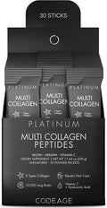 Codeage Multi Collagen and Biotin 10000 mcg + Vitamin C B6 &amp D3 Keratin Hyaluronic Acid Niacin 18 Amino Acids - Stick Packs Supplement - 5 Types Collagen Protein – 30 Powder Packets