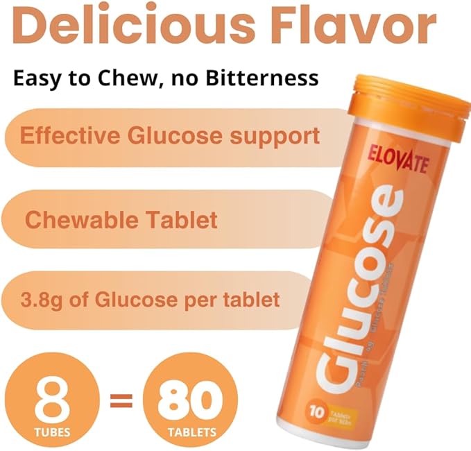 ELOVATE Fast Acting Glucose Tablets Peach &amp Raspberry Variety – Raise Low Blood Sugar 15g Per Serving Chewable Gluten Free – 8 Tubes (80 Count Multiflavor)