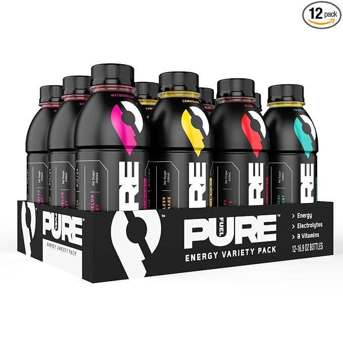 Pure Fuel Healthy Energy Drinks - Limitless Lemonade Berry Blitz Tropical Torrent and Watermelon Blast - Sports Drinks - Plant Based - 180mg Natural Caffeine - 12pk x 16.9 fl oz