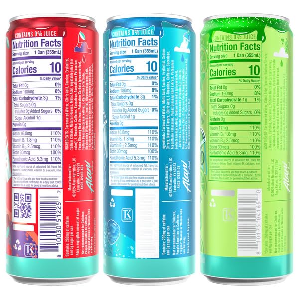 New Alani Energy Drinks Lime Slush Cherry Slush Blue Slush Variety Pack Sugar-Free Low-Calorie Energy Boost Drink 12 fl oz (Pack of 6)