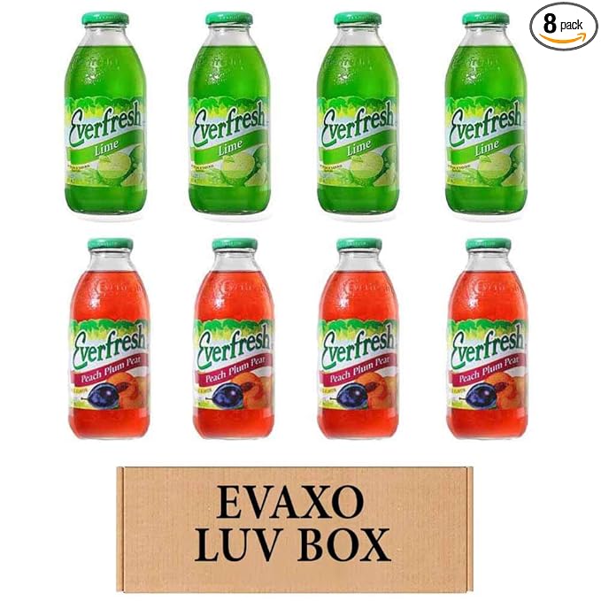 LUV BOX- variety Everfresh Juice 16 oz. pack of 8 Everfresh Lime Everfresh Peach Plum Pear. by evaxo
