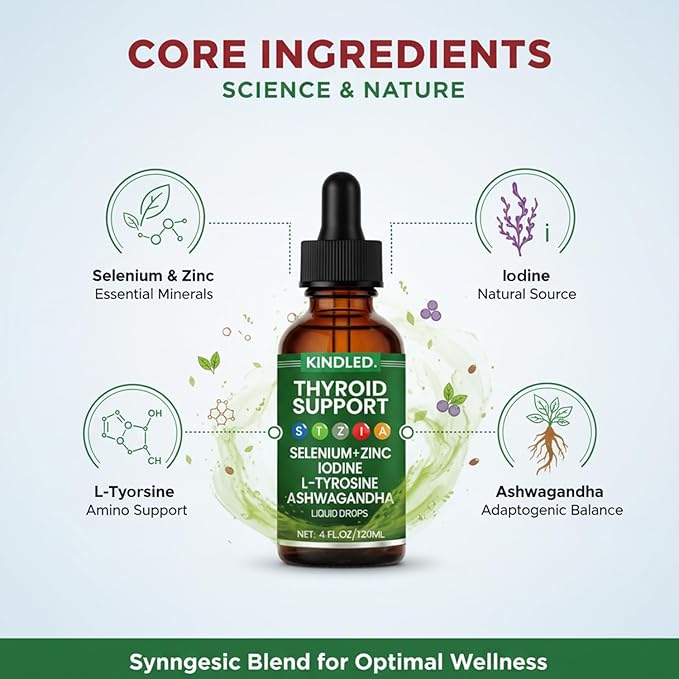 Kindled Thyroid Support Drops | Selenium Zinc Iodine L-Tyrosine Ashwagandha Liquid Drops Thyroid Bloom | Body Balance &amp Support - 4 FL.OZ (1)