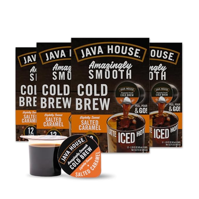 JAVA HOUSE Salted Caramel Lightly Sweet Cold Brew Coffee Pods (48 Count) Peel and Pour Pods Hot or Iced