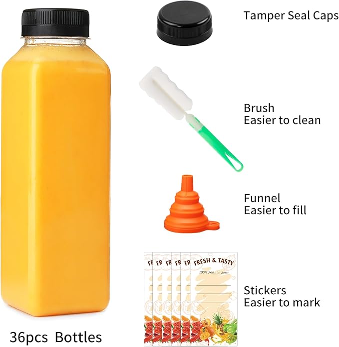 BAKHUK 36pcs 16oz Empty Plastic Juice Bottles with Caps Reusable Clear Bulk Beverage Containers for Juice Milk Smoothie and Other Beverages