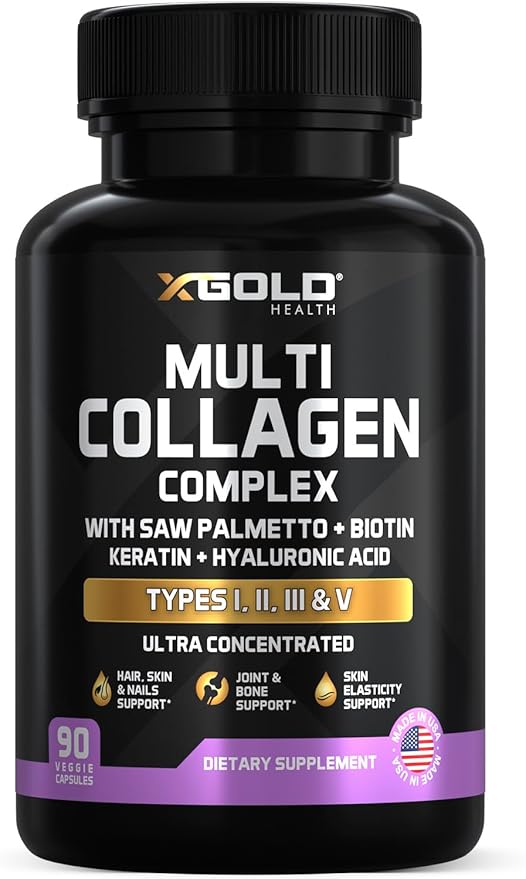 X Gold Health Collagen Complex Types I II III V Biotin 10000 mcg Keratin Hyaluronic Acid Saw Palmetto Vitamins C &amp E Advanced HSN Formula for Men &amp Women 90 Vegan Capsules