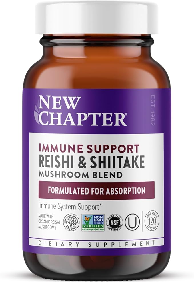 New Chapter Immune Support Reishi &amp Shiitake Mushroom Blend with Organic Reishi Mushroom Vegan + Non-GMO Nootropic Ingredients - 120 ct