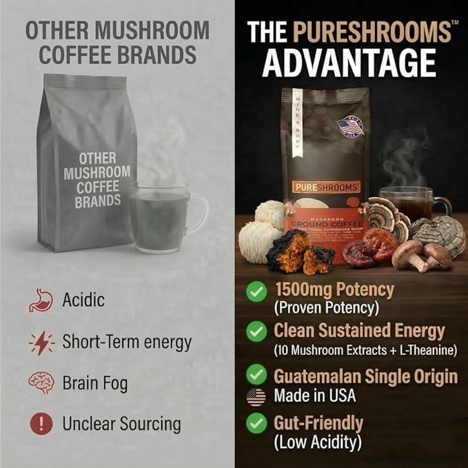 Mushroom Ground Coffee w/ 10 Organic Mushroom Extracts - King Trumpet Agaricus Blazei Willow Bracket Lion's Mane Chaga Reishi Cordyceps Turkey Tail Maitake Shiitake 340g (Perfect 10)