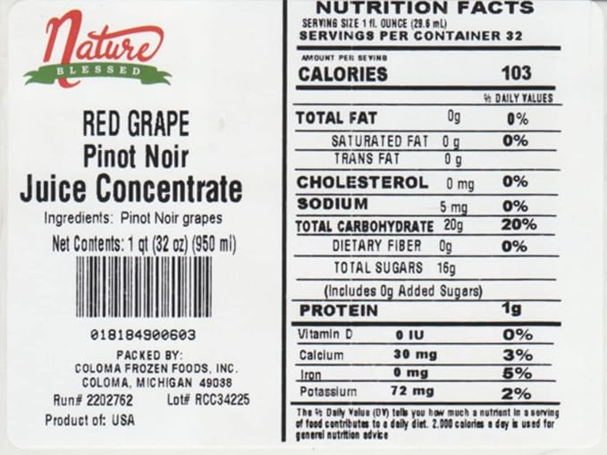 Nature Blessed 100% Pure Pinot Noir Red Grape Fruit Juice Concentrate - 1 Quart (1/32 fl oz bottle) Ideal for Home Vintners and Brewers Wine Enthusiasts Smoothies