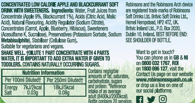 Robinson's Fruit Drink Apple &amp Blackcurrant No Added Sugar 1 Liter Plastic Bottles (Pack of 6)