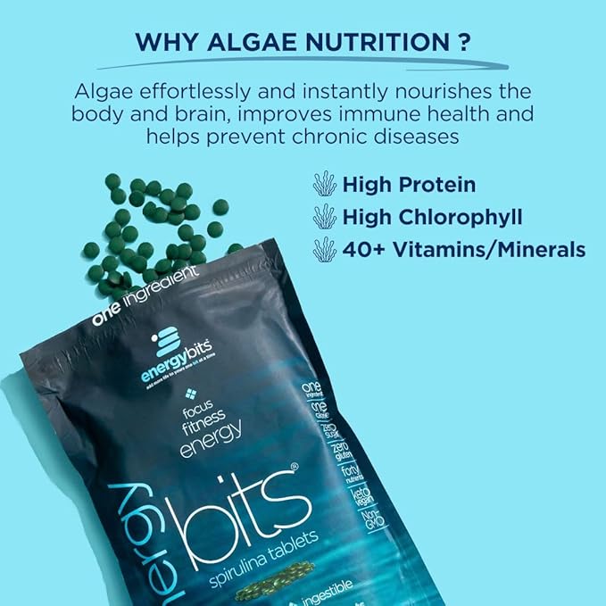 ENERGYBITS - Organic Spirulina Tablets - Plant-Based Algae Superfood - for Focus Fitness Energy - Plant Protein - Gluten Free - Collagen Vitamin B12 Omega 3 - Keto &amp Vegan - 1000 Algae Tablets