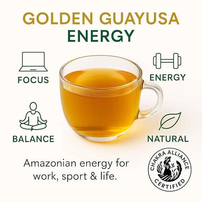 GUAYUSA TEA BAGS by PACHA | Naturally High in Antioxidants L-Theanine &amp Theobromine | Sustained Energy Herbal Tea | Alternative to Yerba Mate Coffee Black and Green Tea. (50 Count Golden Guayu