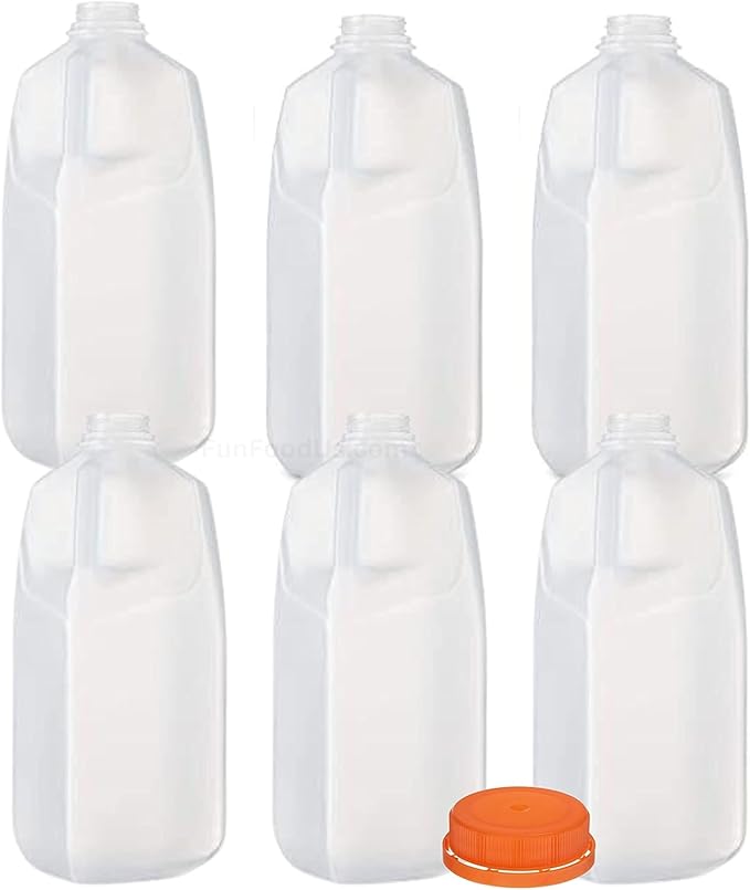 64 Oz. Empty HDPE Plastic Juice / Milk Bottles (Pack Of 6 x 64 Oz Ea) With Orange Tamper Evident Screw Caps – Great for Homemade Juices Milk Smoothies Tea and Other Beverages - Food Grade BPA Free