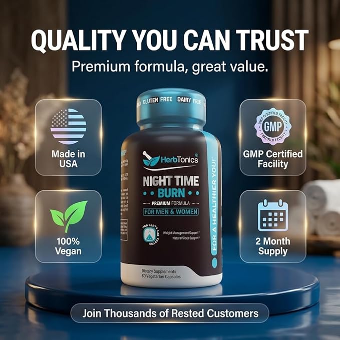 Herbtonics Night Time Burn &amp Sleep Complex Supports Overnight Metabolism Stress Relief &amp Deep Sleep. Includes Melatonin Valerian and Green Tea – Vegan Bedtime Weight Management (60 Capsules)