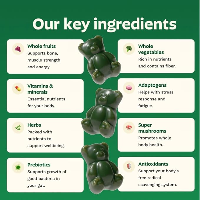 Gruns Adults Super Greens Gummies Multivitamin Superfood Gummy Bears Spirulina Chlorella Prebiotics &amp Fiber Gummies for Digestive Health Adaptogens Supplement 20 Vitamins &amp Minerals 10