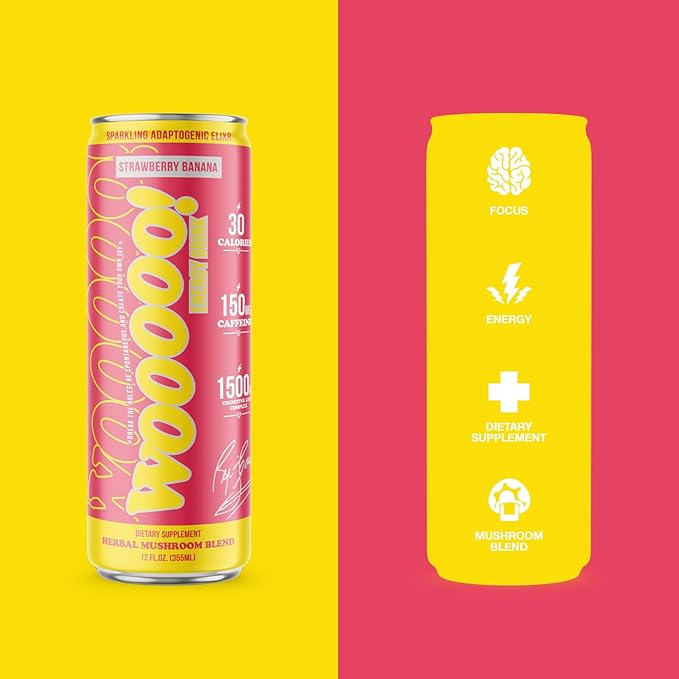 Wooooo! Energy Ric Flair Sparkling Adaptogenic Mushroom Energy Drink | Natural Antioxidants &amp Nootropics | Lion’s Mane &amp Cordyceps | 150mg Caffeine | 12 Pack (Strawberry Banana)