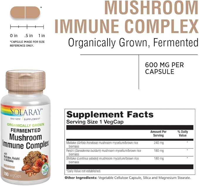 SOLARAY Maitake Reishi &amp Shiitake Mushroom Complex Capsules - Mushroom Supplement for Men &amp Women 600 mg per Serving Immune Health Support - 100 Veg Caps