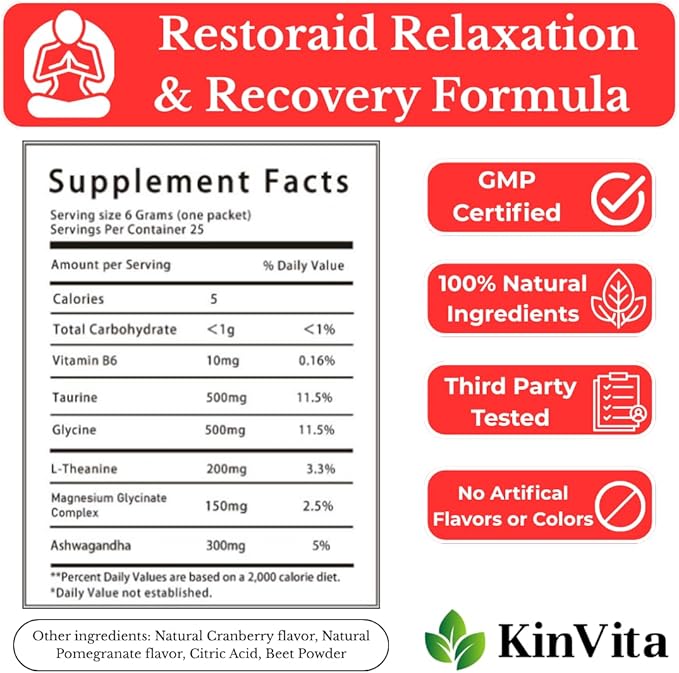 Restoraid Relaxation Drink Mix – 25 Packets | Magnesium L-Theanine Ashwagandha Taurine Glycine | Calming &amp Relaxing Supplement (Cranberry Pomegranate)
