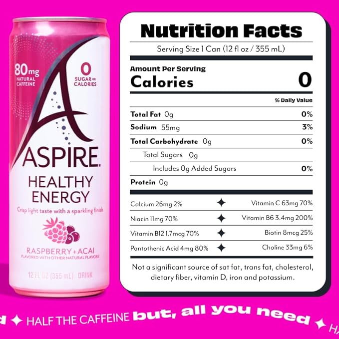 ASPIRE® Raspberry Acai Healthy Energy Drink 80mg Natural Caffeine Zero Sugar No Carbs Keto Friendly 24 Pack Green Tea Sugar Free Drink Low Caffeine Zero Calorie