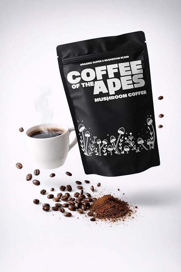 Coffee Of The Apes - Organic Instant Mushroom Coffee - High Potency Functional Adaptogen Drink with Lion's Mane Cordyceps Reishi Turkey Tail King Trumpet Shiitake Real Arabica Beans and MCT OIL