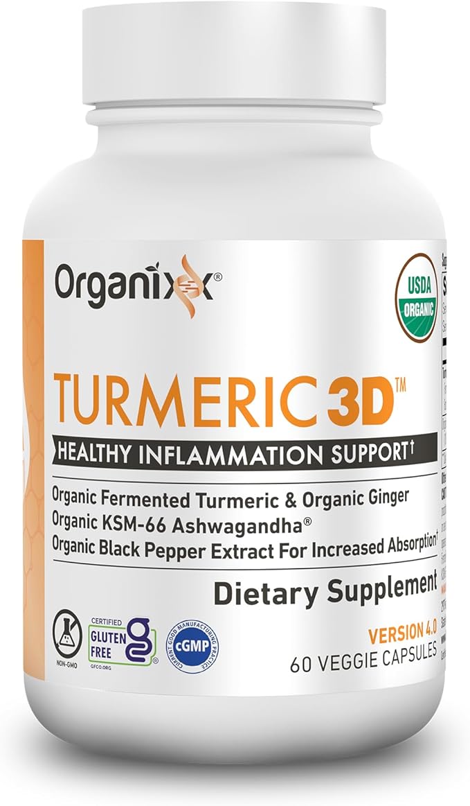 Organixx USDA Organic Turmeric Curcumin Supplement with Ashwagandha Vitamin D Turmeric &amp Ginger – Fermented for Maximum Bioavailability 60 Count (Pack of 3)