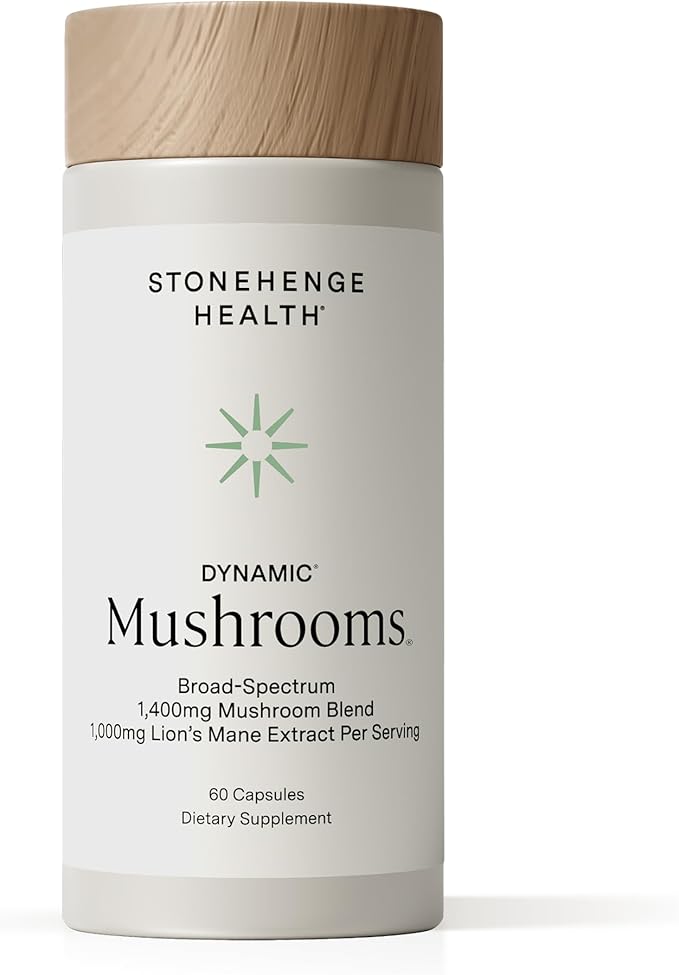 Stonehenge Health Dynamic Mushrooms 1400 mg – 5 Mushroom Complex (Lion’s Mane Reishi Chaga Maitake Shiitake) – 100% Fruiting Bodies Nootropic – Brain Memory Focus &amp Immune Support – 60 Cap