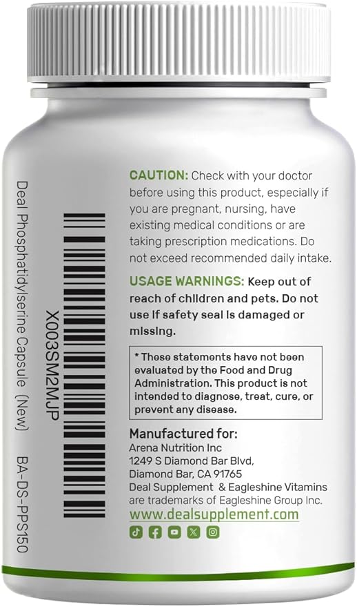 Phosphatidylserine Supplement 400mg Serving 240 Capsules – Soy Free Sunflower Lecithin Source