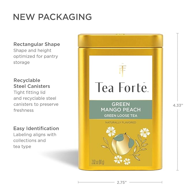 Tea Forte Green Mango Peach Premium Loose Leaf Caffeinated Green Tea Blend Canister Makes 35-50 Cups