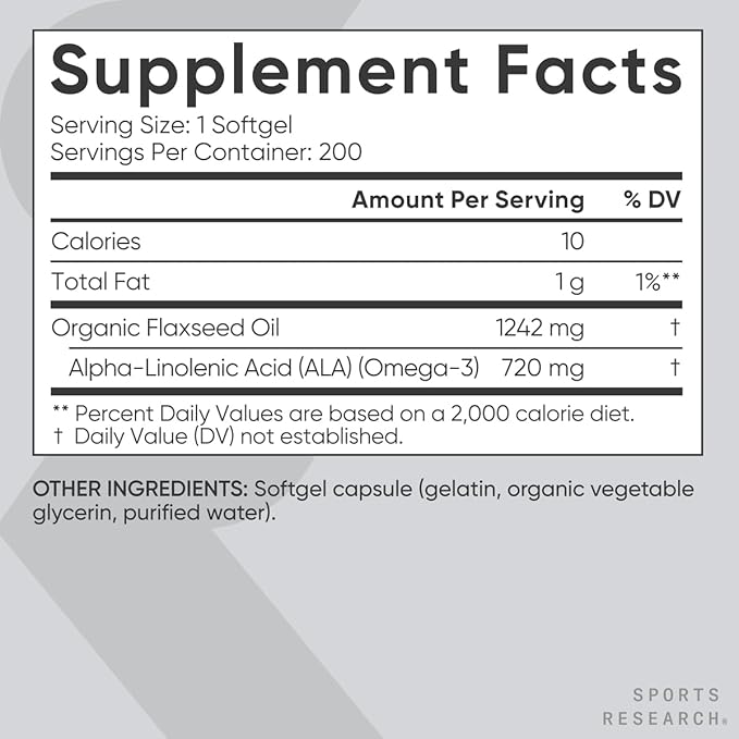 Sports Research Organic Flaxseed Oil Softgels 1242mg - Plant Based Omega 3 Supplement with 720mg ALA for Women &amp Men - Non-GMO Soy &amp Gluten Free (200 Count)