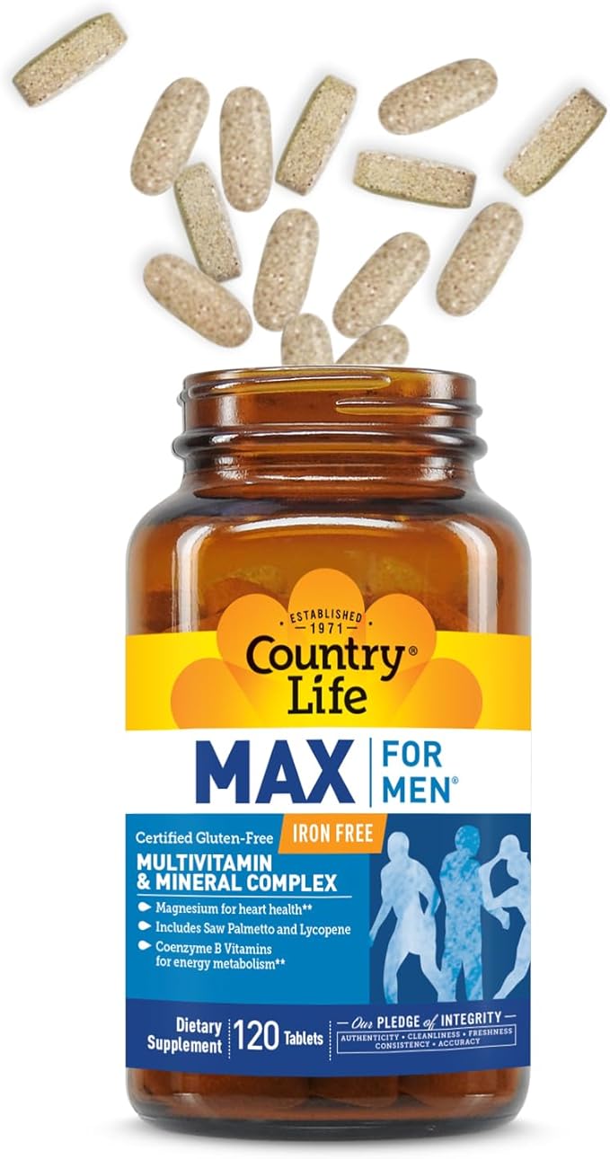 Country Life Max for Men Multivitamin: Iron-Free Gluten Free Saw Palmetto Lycopene Daily Support for Energy Heart &amp Men's Health120 Vegetarian Tablets