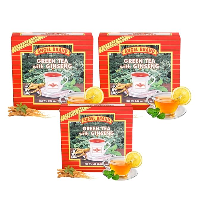 Angel Brand Green Tea with Ginseng Tea Bags 25 Bags per Box Pack of 3 Traditional Green Tea Blend with Ginseng Root Smooth Balanced Flavor