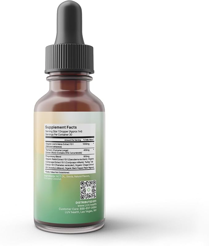 LUV health Neuro Drops – Nerve Pain Support &amp Joint Comfort with Lion’s Mane Curcumin Cordyceps &amp Reishi – Organic Adaptogens – Vegan Non-GMO Made in USA - 30 Servings