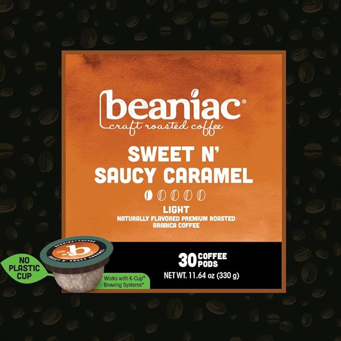 beaniac Sweet n' Saucy Caramel Flavored Light Roast Single Serve Compostable K Cup Coffee Pods Organic Arabica Coffee with Natural Flavors Keurig Brewer Compatible 30 Count
