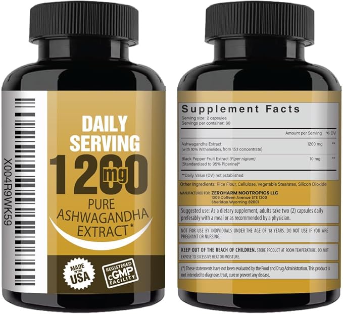 NooMost Ashwagandha 1200mg Supplement | 10% Withanolides with Black Pepper Extract | Pure Root Extract for Stress Relief Promotes Energy Mood Helathy Sleep for Men &amp Women | 120 Capsules