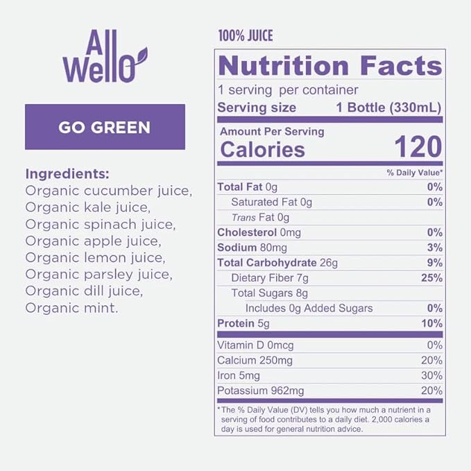 ALLWELLO Organic Cold Pressed Juice Drinks with Real Fruits and Vegetables Gluten Free Non-GMO Healthy Juices No Preservatives No Sugar Adde (6 Pack Go Green)