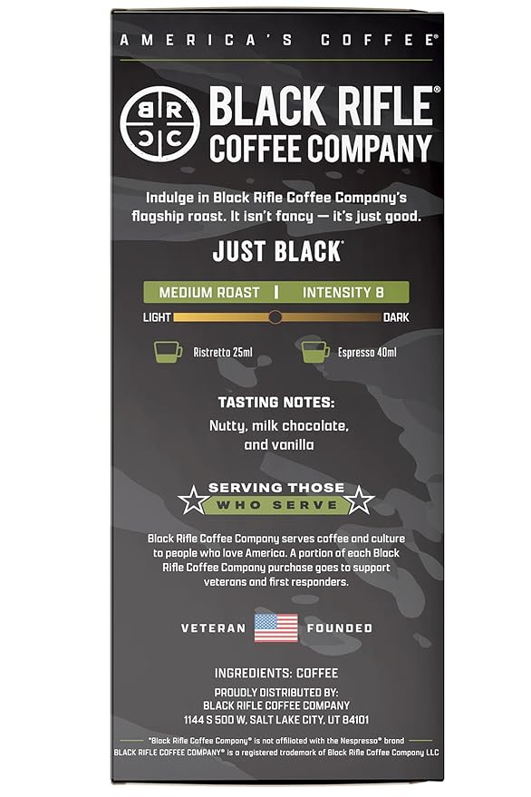 Black Rifle Coffee Company 100ct Just Black Espresso Capsules – Medium Roast Nutty Milk Chocolate &amp Vanilla OriginalLine Compatible