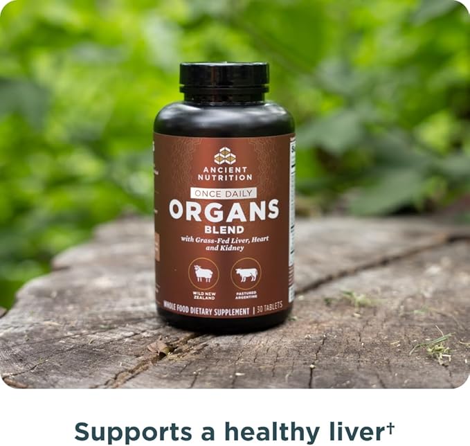 Ancient Nutrition Organ Supplements Once Daily Grass-Fed and Wild Organ Complex Capsules Liver Heart Kidney Supports Organ Cognitive and Immune System Health 30 Ct