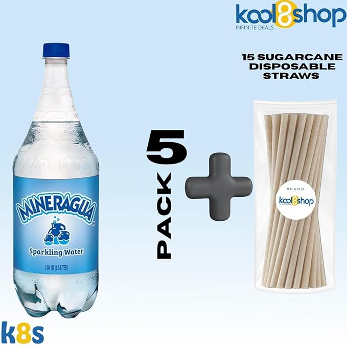 Jarritos Mineragua Mexican Soft Drink 1.5Lt Plastic Bottles 5 Pack + 15 Sugarcane Disposable Straws by KOOL8SHOP Infinite Deals