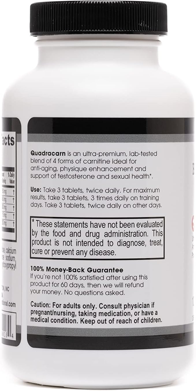 Beverly International Quadracarn 4X-Potency Lab Tested Ultra-Premium Carnitine Blend for Fat Loss Muscle Definition Metabolism Mood Energy Boost Anti-Aging Brain Function. 120 Tablets.