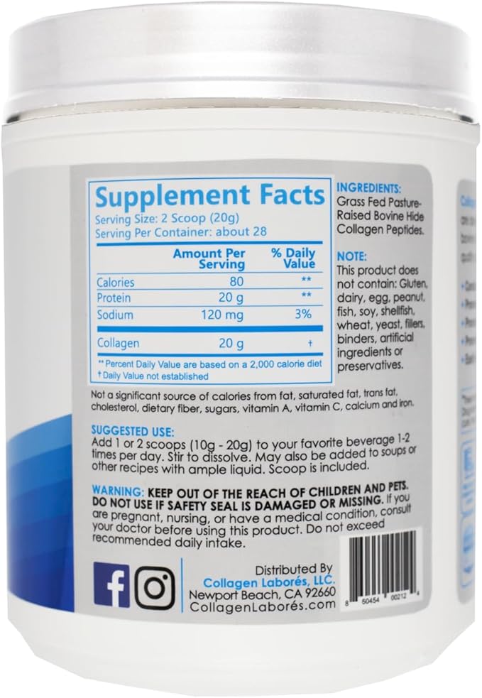 Pure Hydrolyzed Collagen Peptides (20 oz) – Unflavored Collagen Powder - Pasture-Raised Grass-Fed Keto &amp Paleo-Friendly – Kosher Non-GMO Gluten-Free – GMP Certified – Easy to Mix