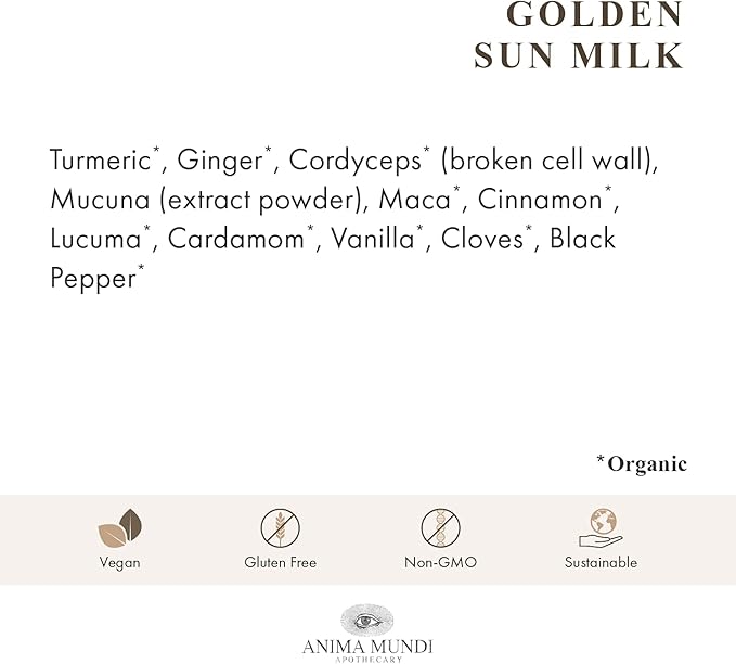 Anima Mundi Apothecary Golden Sun Milk - Relaxing Plant-Based Powder with Organic Spices Turmeric Ashwagandha Reishi &amp Vanilla - Unsweetened Drink Powder - Promote Sense of Calm (5oz / 142g)