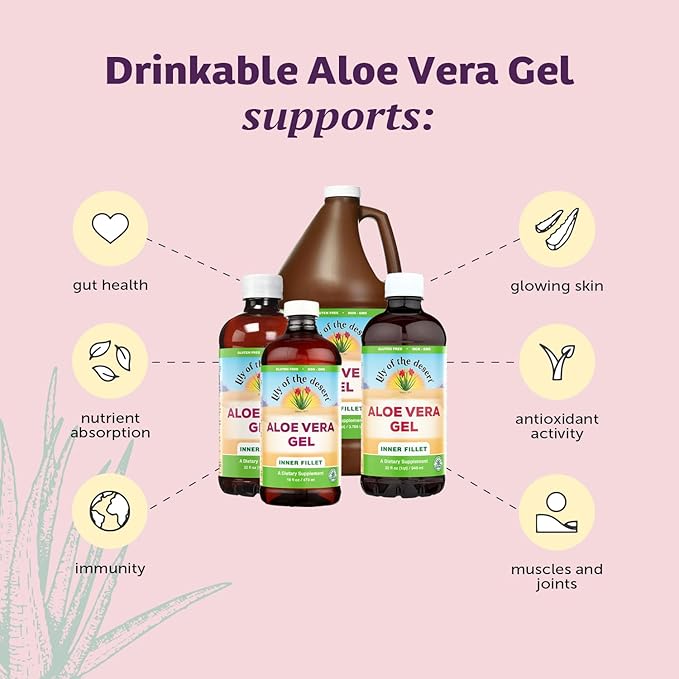 Lily of The Desert Aloe Vera Gel - Inner Fillet Thicker Consistency Aloe Vera Drink with Natural Vitamins Digestive Enzymes for Gut Health Stomach Relief Wellness Glowing Skin 128 Fl Oz
