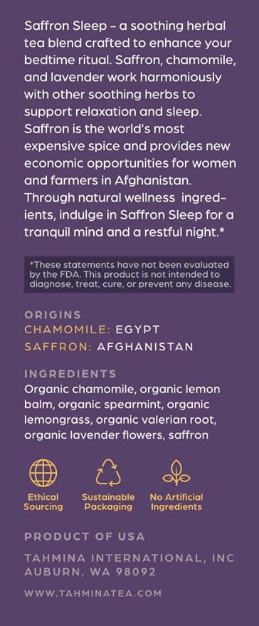 Tahmina Saffron Sleep Caffeine Free Tea: Soothing Chamomile and Lavender with Saffron 12 Biodegradable Pyramid Tea Bags Makes 36 Cups of Tea (1 Pack)