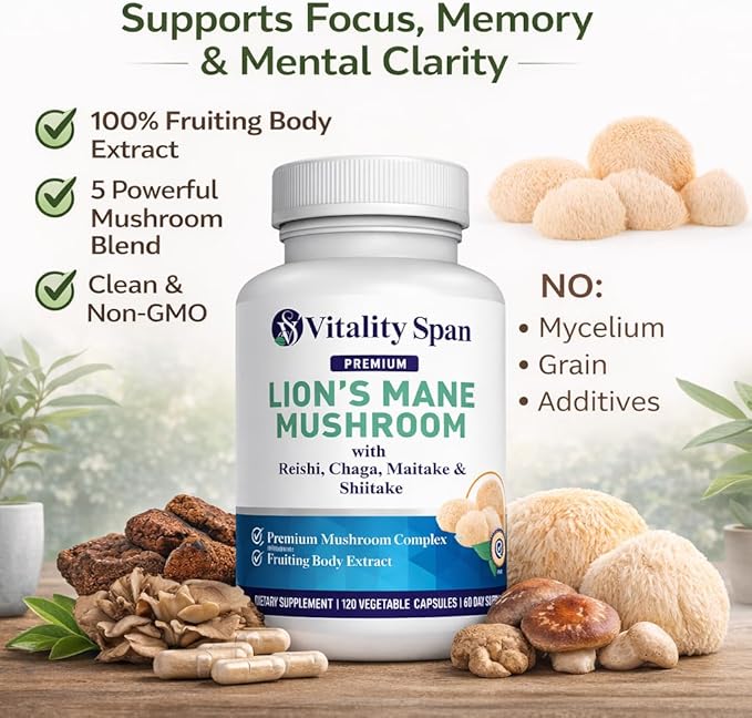 Lions Mane Supplement Capsules – Lion’s Mane Mushroom Extract for Brain &amp Focus Support – Fruiting Body 5 Mushroom Complex 1400mg 120 Veg Capsules Made in USA